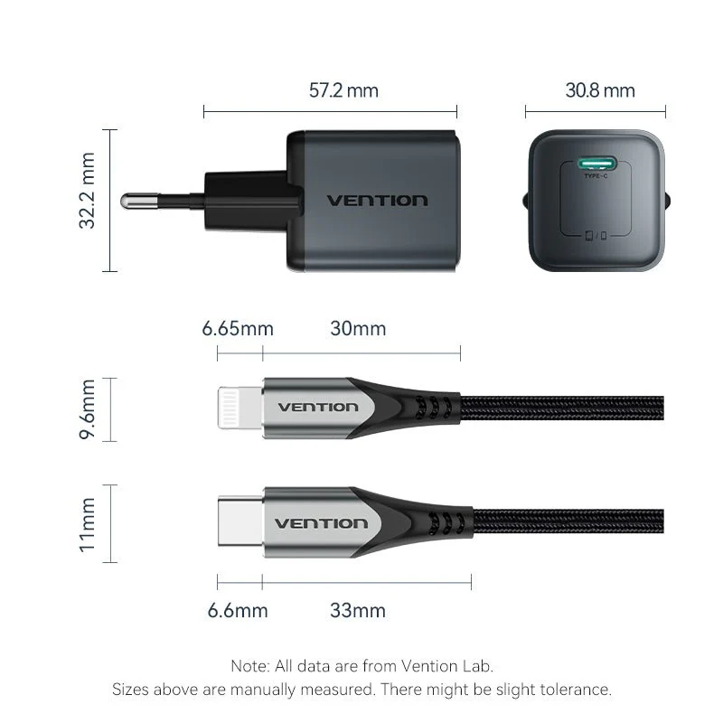 Vention 1-Port USB-C GaN Charger (20W) Gray with USB-C to Lightning Cable (1M) Black EU-Plug - Image 14