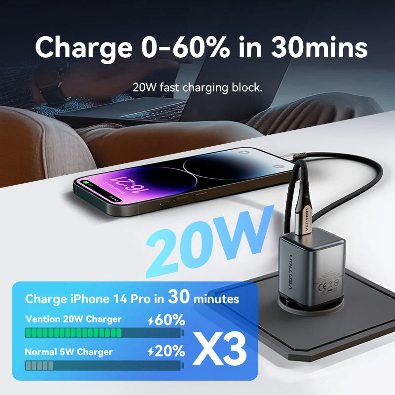 Vention 1-Port USB-C GaN Charger (20W) Gray with USB-C to Lightning Cable (1M) Black EU-Plug - Image 6
