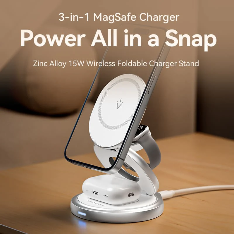 Vention 3-in-1 15W Wireless Charger Stand with MagSafe Silver - Image 2