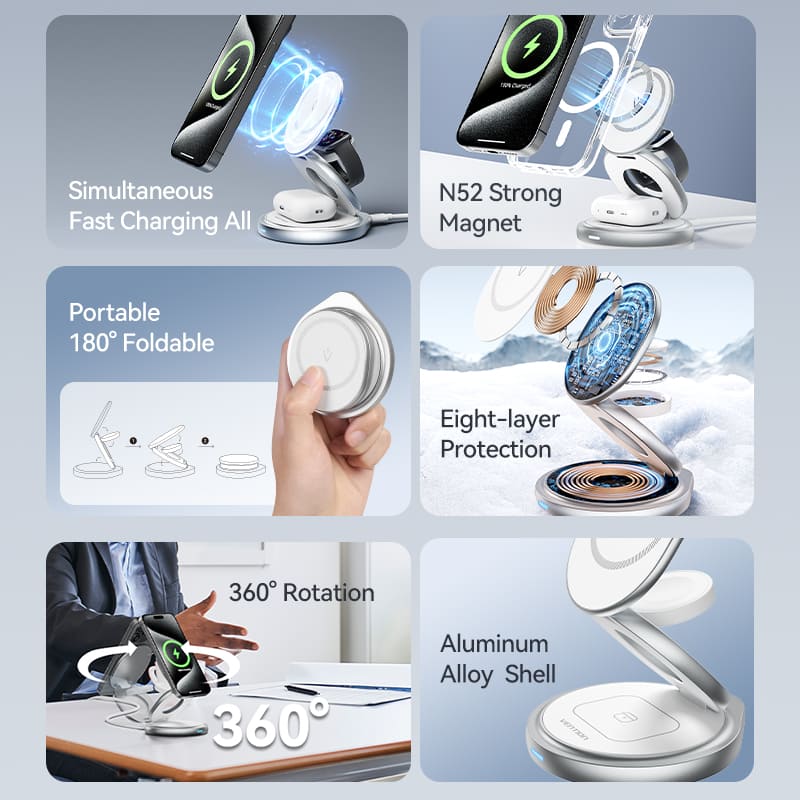 Vention 3-in-1 15W Wireless Charger Stand with MagSafe Silver - Image 3