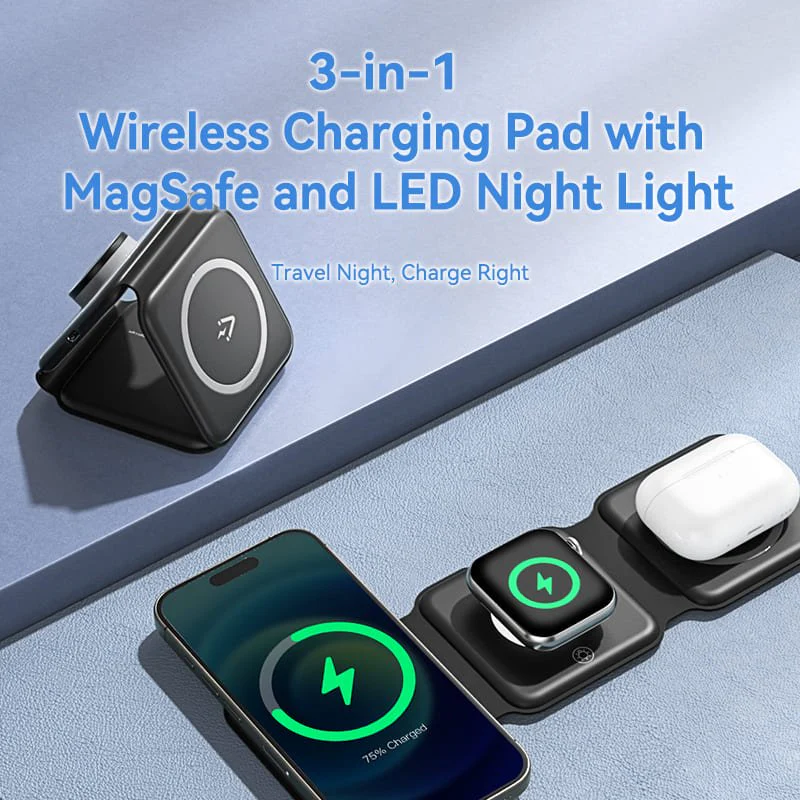 Vention 3-in-1 15W Wireless Charging Pad with MagSafe and LED Night Light Black - Image 2