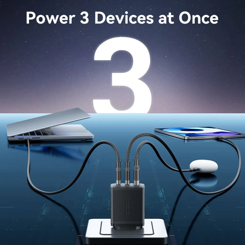 Vention 3-Port USB (C+C+A) GaN Charger (65W/65W/60W) EU-Plug - Image 8