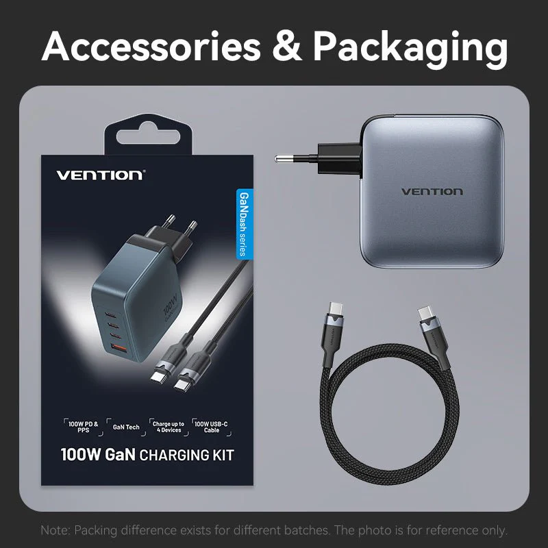 Vention 4-Port USB (C + C + C + A) GaN Charger (100W/100W/30W/30W) Gray with USB-C to USB-C Cable (1M) Black EU-Plug - Image 15