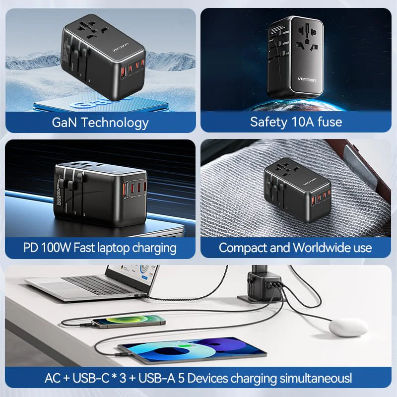 Vention 4-Port USB (C+C+A+A) GaN Universal Travel Adapter (100W/100W/20W/18W) - Image 3