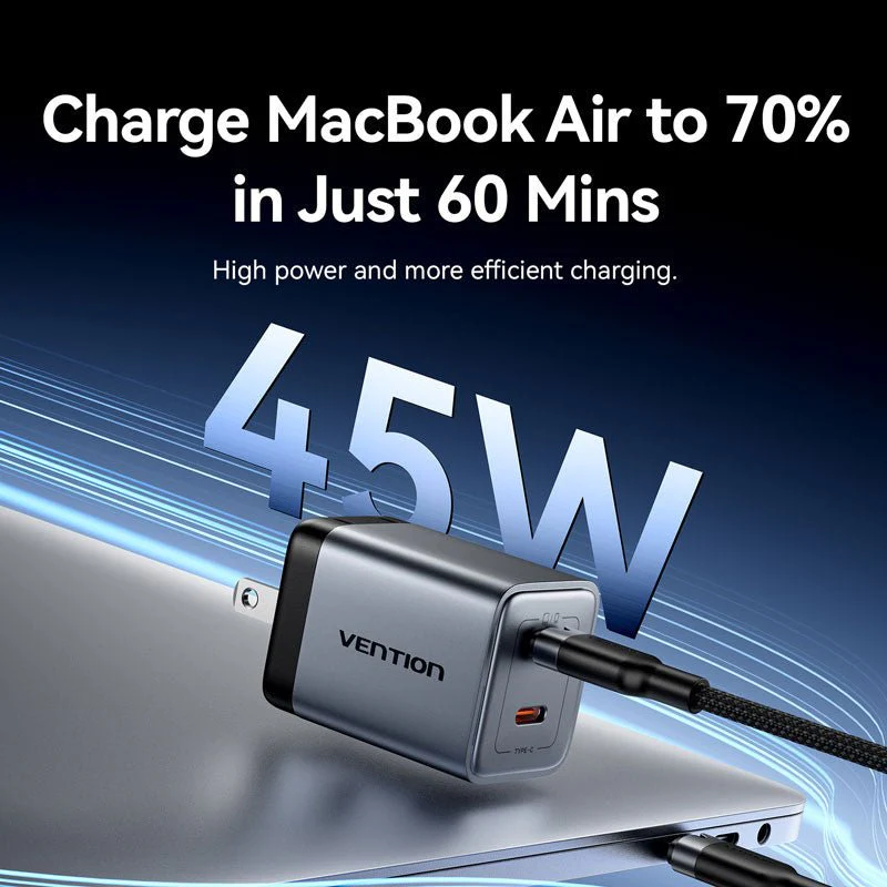 Vention 2-Port USB (C + C) GaN Charger (45W/45W) US-Plug Gray - Image 8