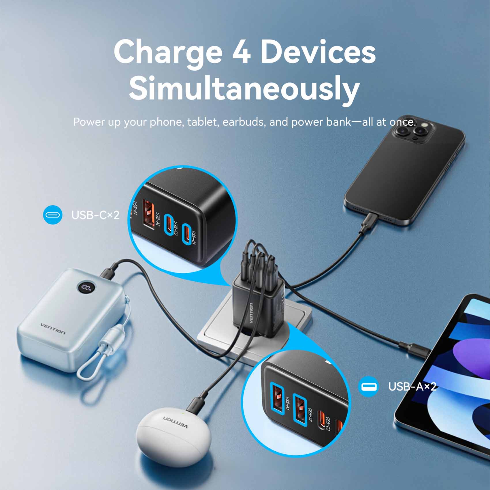 Vention 4-Port USB (C + C + A + A) GaN Charger (30W/20W/18W/18W) EU-Plug - Image 8