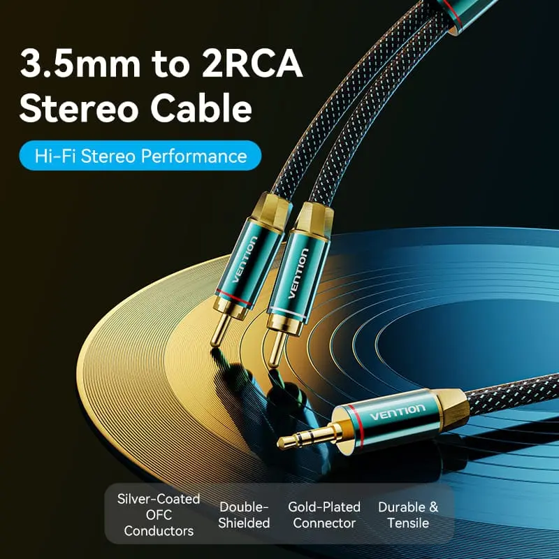 Vention Cotton Braided 3.5mm Male to 2RCA Male Audio Cable 0.5/1/1.5/2/3/5M Green Copper Type - Image 2