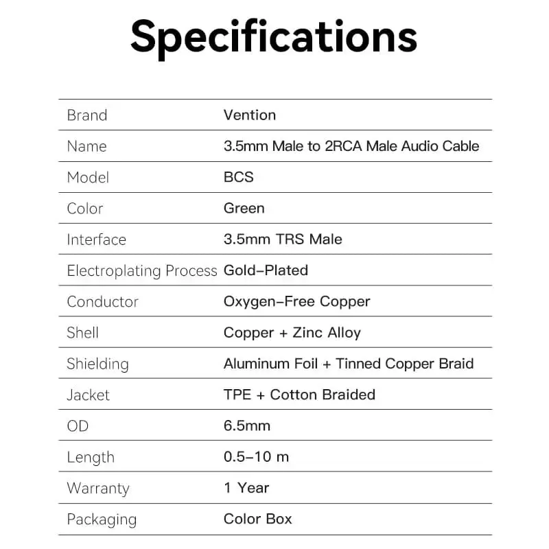 Vention Cotton Braided 3.5mm Male to 2RCA Male Audio Cable 0.5/1/1.5/2/3/5M Green Copper Type - Image 9