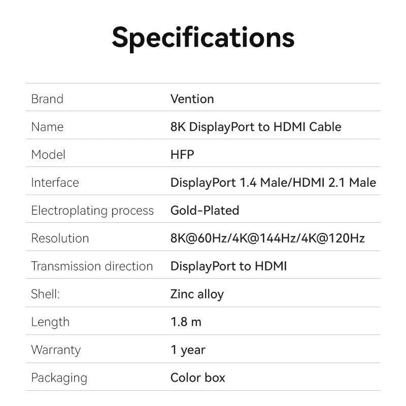 Vention Cotton Braided 8K DisplayPort Male to HDMI™ Male Cable 1.8M Black Zinc Alloy Type - Image 13