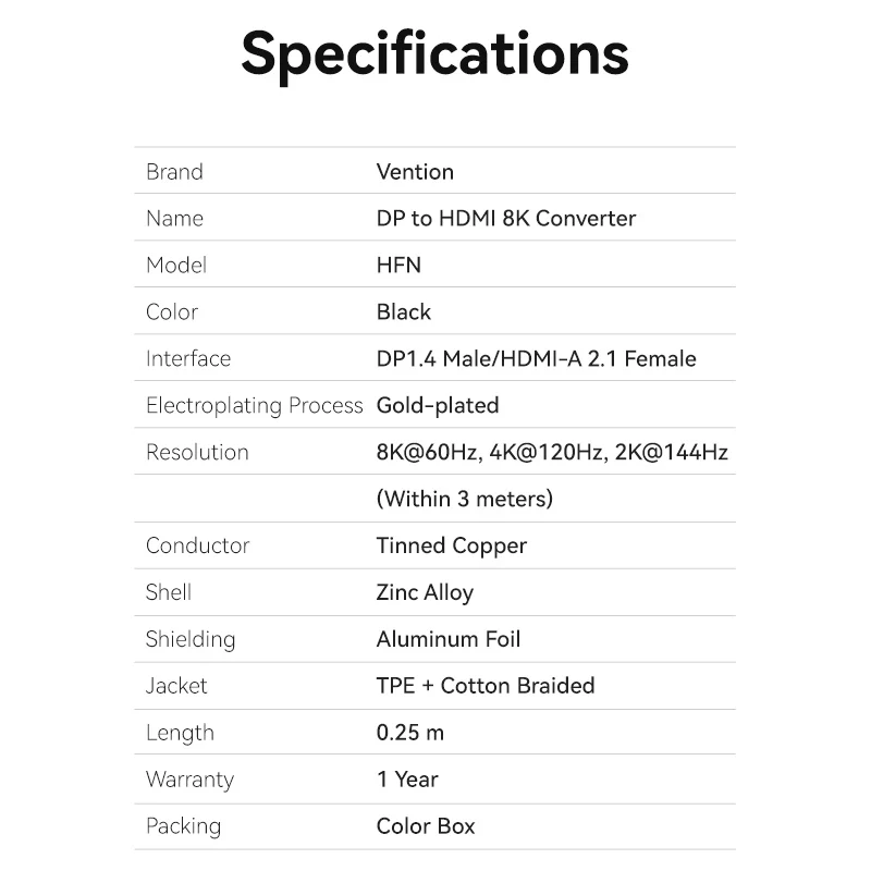 Vention Cotton Braided DP Male to HDMI™ Female 8K Converter 0.25M Black Zinc Alloy Type - Image 11