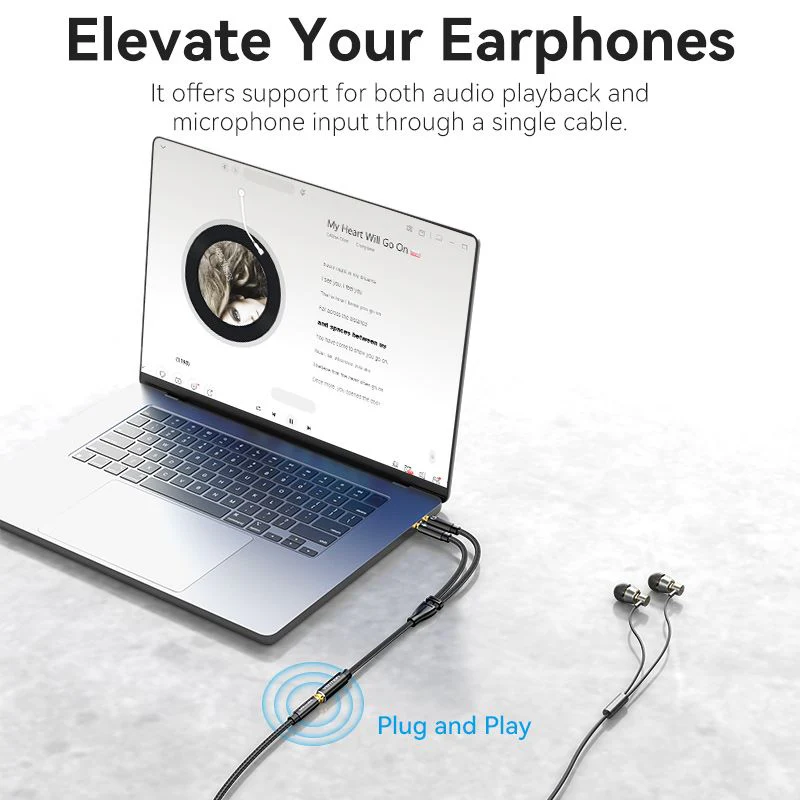 Vention Cotton Braided Dual 3.5mm TRS Male to 3.5mm Female Audio Cable 0.3M Black Aluminum Alloy Headphone Type (OMTP/CTIA) - Image 3