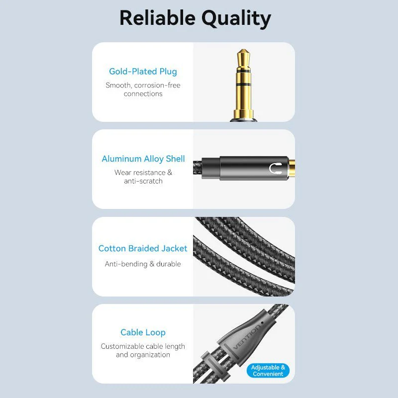 Vention Cotton Braided Dual 3.5mm TRS Male to 3.5mm Female Audio Cable 0.3M Black Aluminum Alloy Headphone Type (OMTP/CTIA) - Image 7