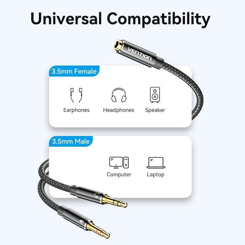 Vention Cotton Braided Dual 3.5mm TRS Male to 3.5mm Female Audio Cable 0.3M Black Aluminum Alloy Headphone Type (OMTP/CTIA) - Image 8