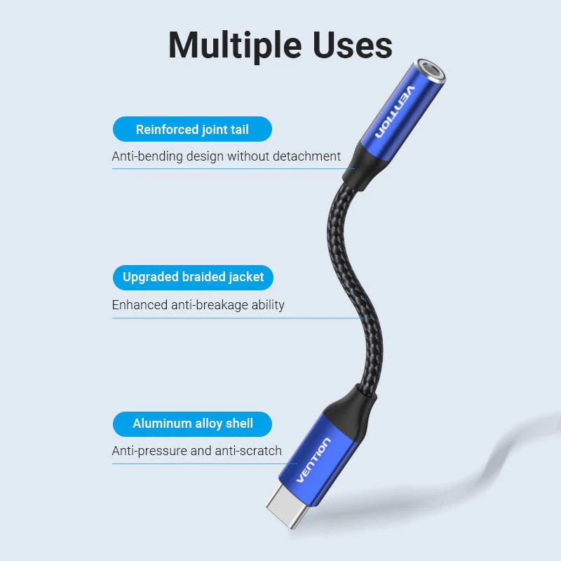 Cotton Braided USB-C Male to 3.5mm Female Audio Cable(DAC) 0.1M Blue Aluminum Alloy Type - Image 10