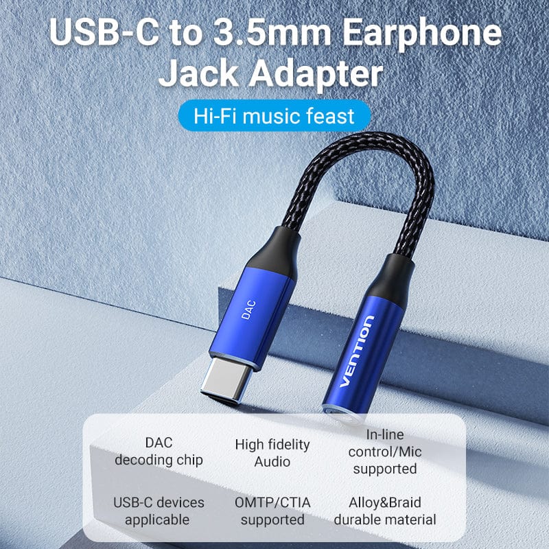 Cotton Braided USB-C Male to 3.5mm Female Audio Cable(DAC) 0.1M Blue Aluminum Alloy Type - Image 2