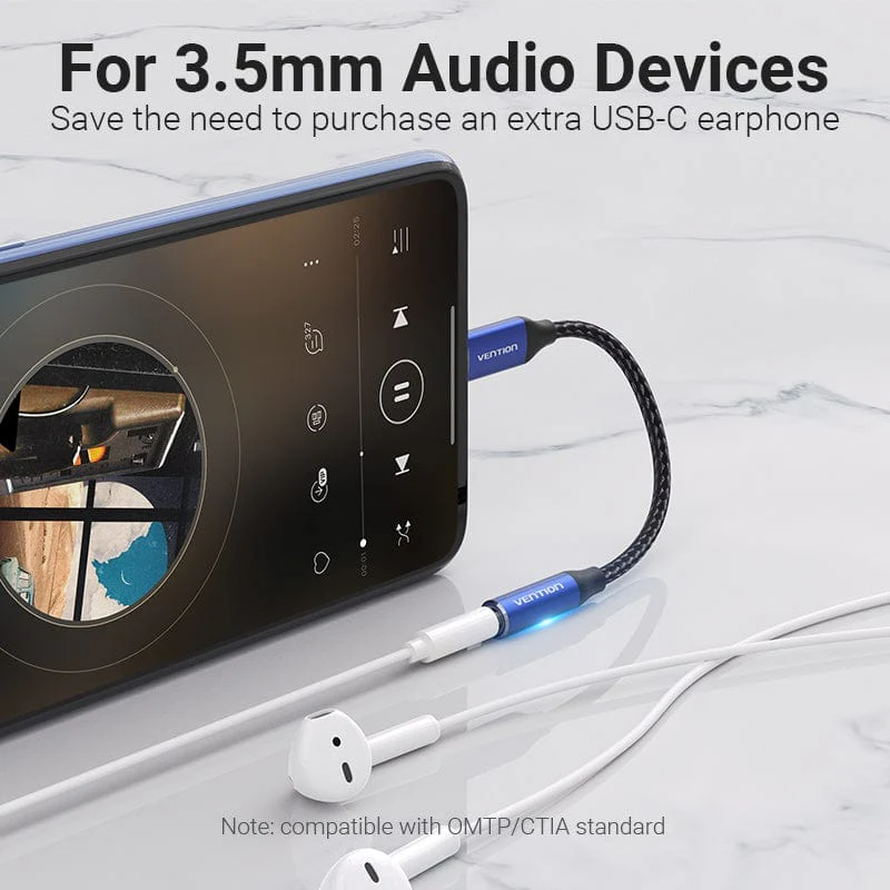 Cotton Braided USB-C Male to 3.5mm Female Audio Cable(DAC) 0.1M Blue Aluminum Alloy Type - Image 5