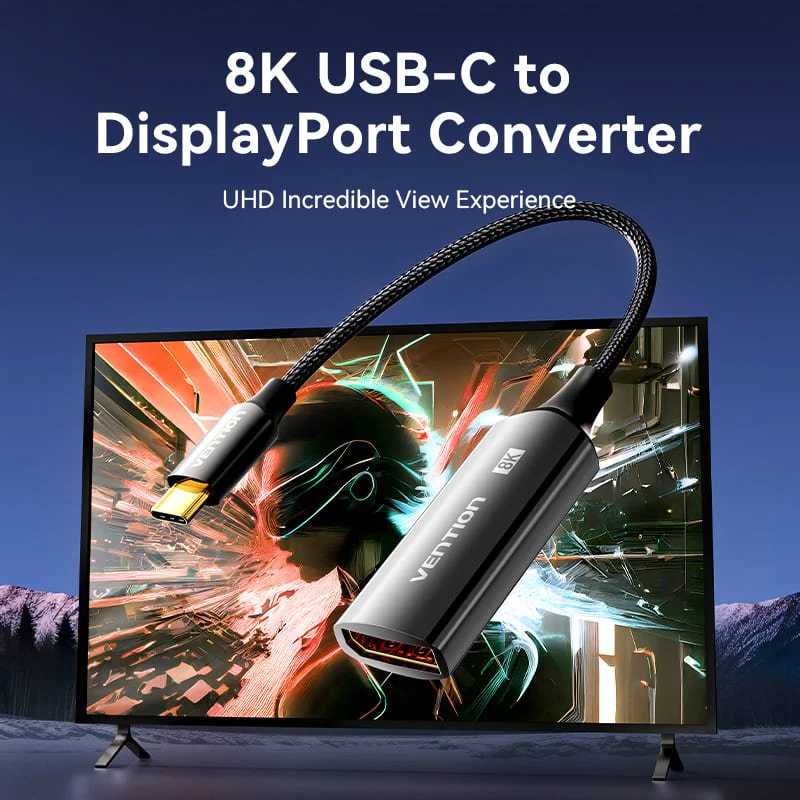 Vention Cotton Braided USB-C to DP 8K Converter 0.25M Black Zinc Alloy Type - Image 2