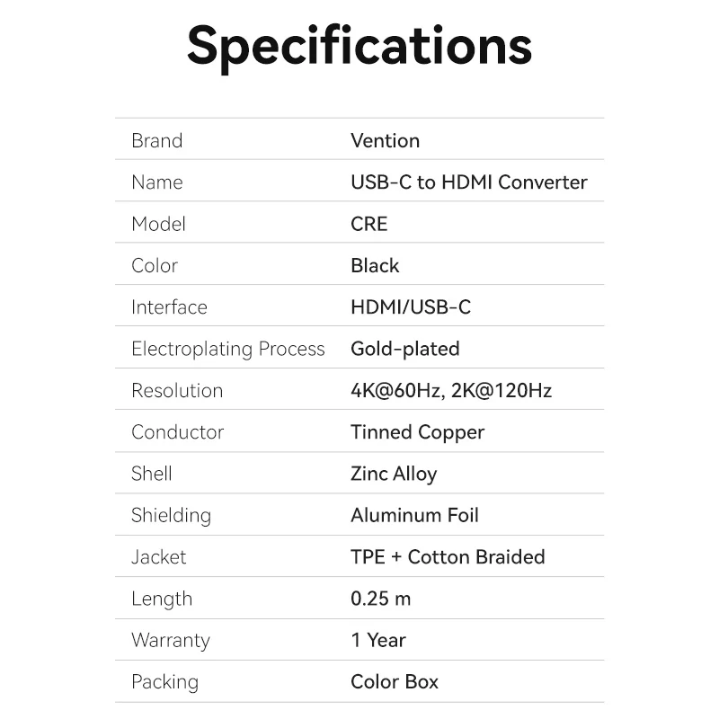 Vention Cotton Braided USB-C to HDMI™ 4K Converter 0.25M Black Zinc Alloy Type - Image 11