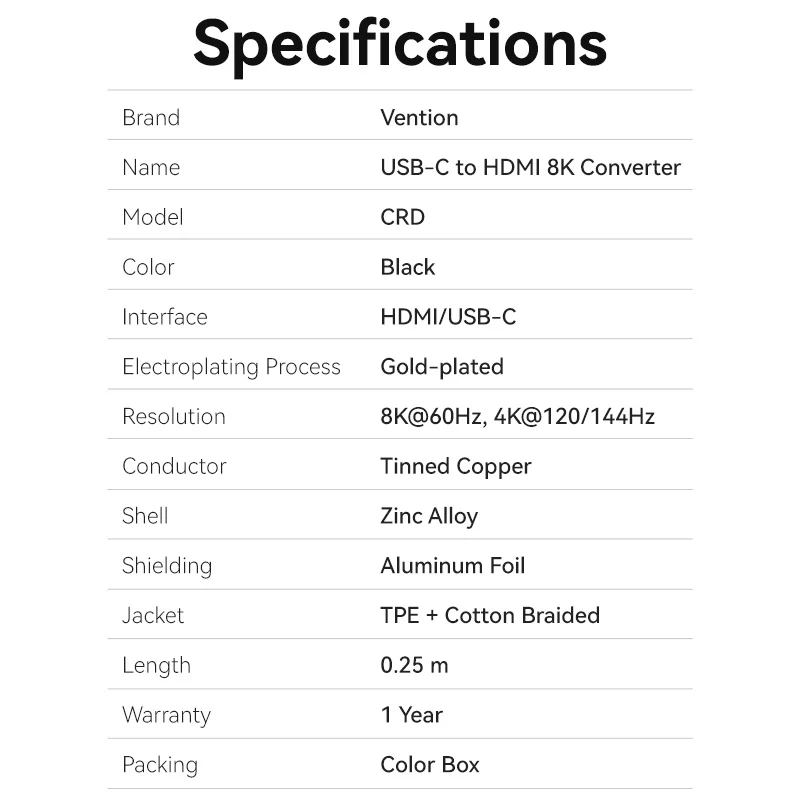 Vention Cotton Braided USB-C to HDMI™ 8K Converter 0.25M Black Zinc Alloy Type - Image 13