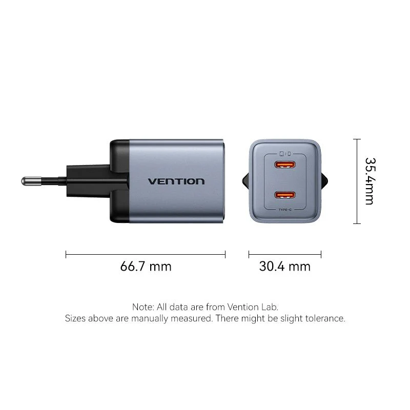 Vention 2-Port USB (C + C) GaN Charger (45W/45W) EU-Plug Gray - Image 12