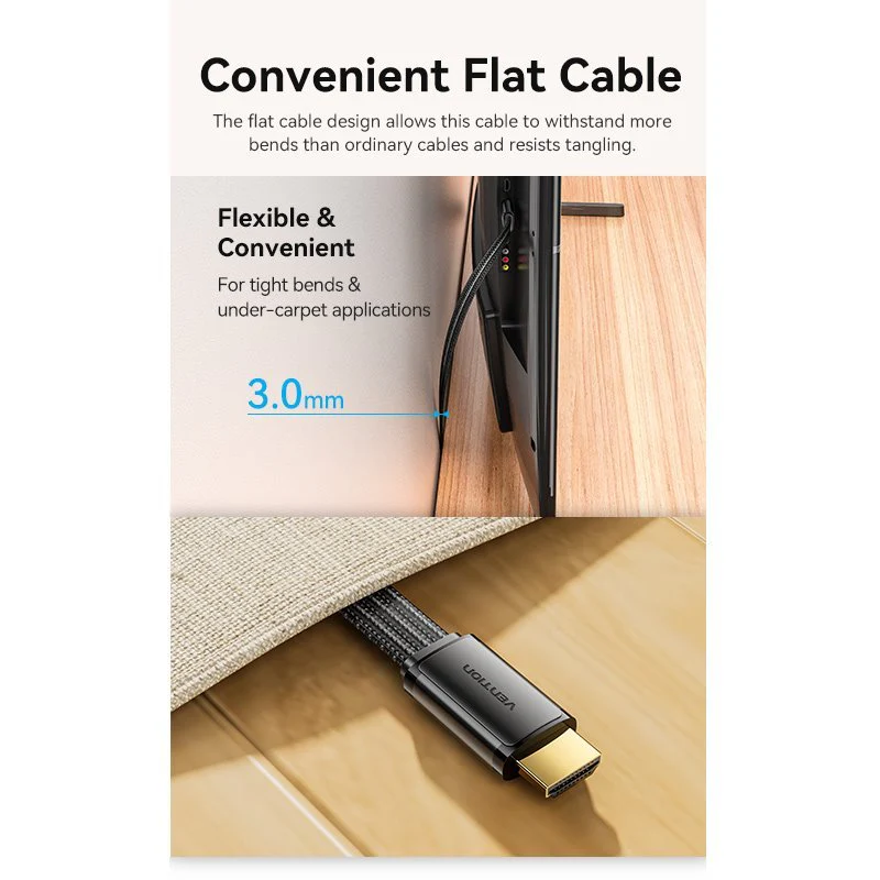 Vention Flat Nylon Braided HDMI™-A Male to Male 8K HD Cable 2M Black - Image 2