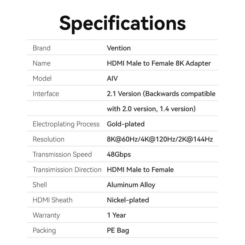 Vention HDMI™ Male to Female 8K Adapter Gray Aluminum Alloy Type - Image 13