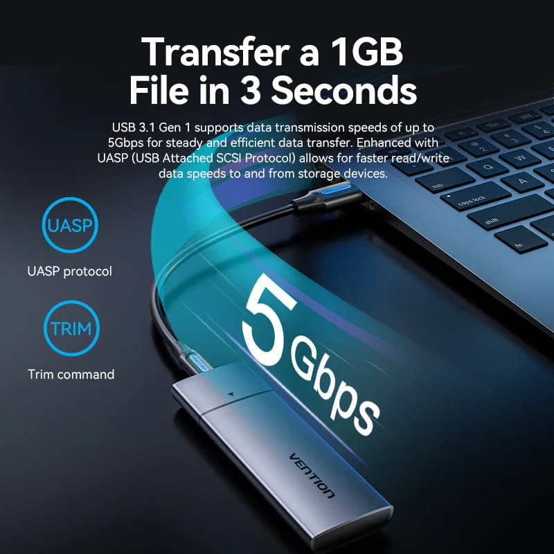Vention M.2 NGFF SSD Enclosure (USB 3.1 Gen 1-C) Gray Aluminum Alloy Type - Image 3