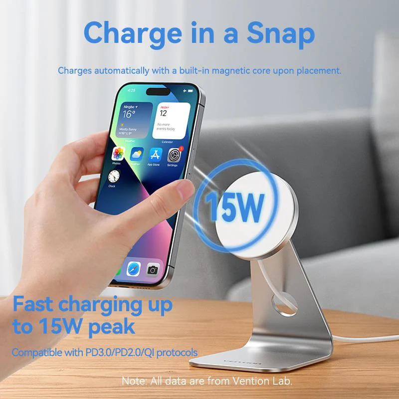 Vention 15W Magnetic Wireless Charger Stand with MagSafe 1M Silver - Image 4