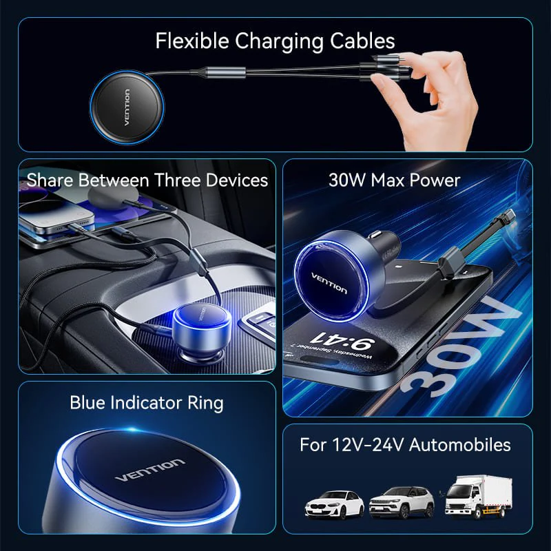 Vention Car Charger with Built-In Cable - Image 3