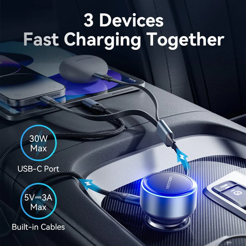 Vention Car Charger with Built-In Cable - Image 5