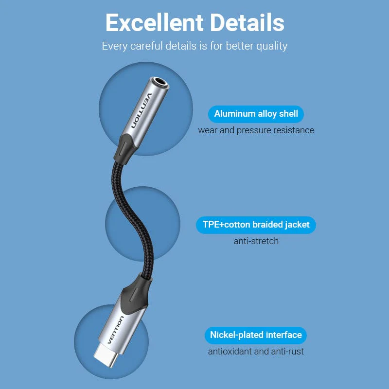 Vention Cotton Braided USB-C Male to 3.5MM Earphone Jack Adapter Aluminum Alloy Type - Image 5