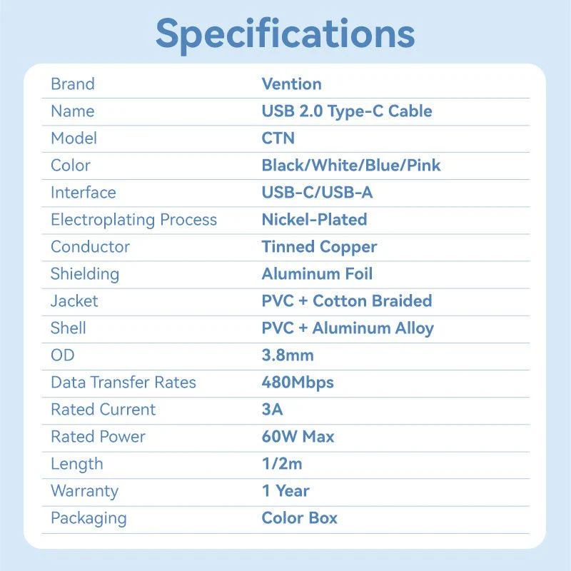 Vention USB 2.0 A Male to C Male 3A Cable Aluminum Alloy Type - Image 17