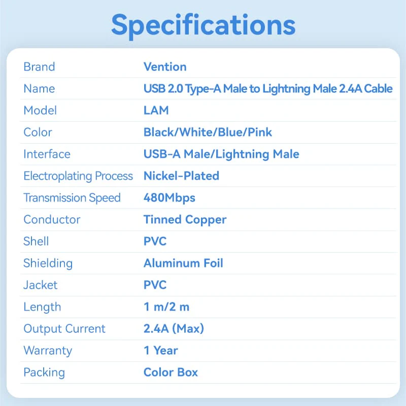 Vention USB 2.0 Type-A Male to Lightning Male 2.4A Cable PVC Type - Image 14