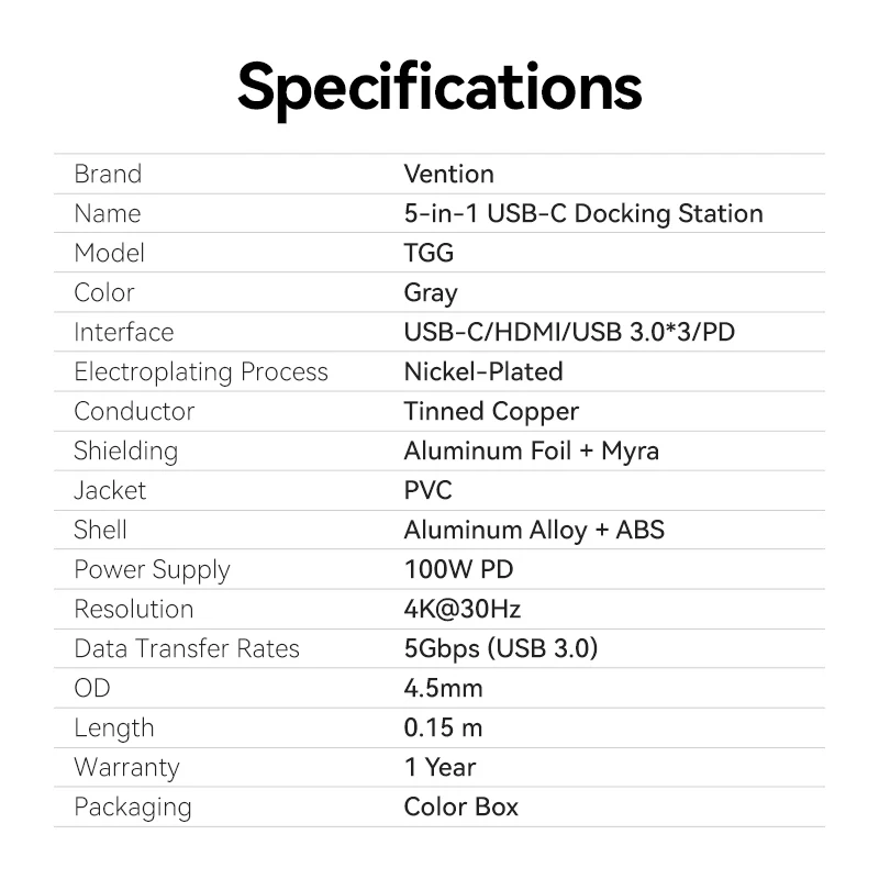 Vention USB-C to HDMI™/USB 3.0*3/PD Docking Station 0.15M Gray Aluminum Alloy Type - Image 13
