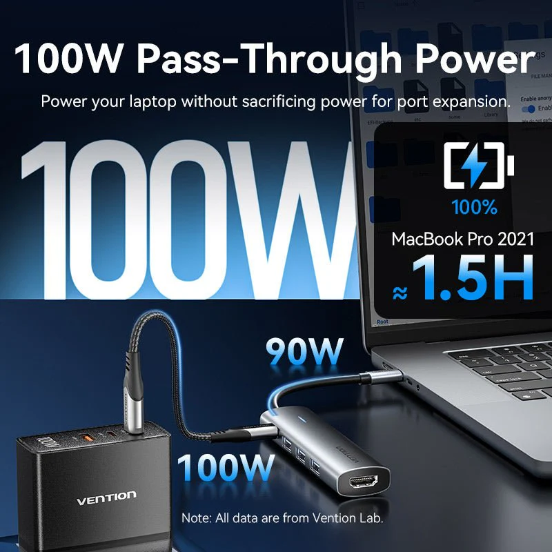 Vention USB-C to HDMI™/USB 3.0*3/PD Docking Station 0.15M Gray Aluminum Alloy Type - Image 6