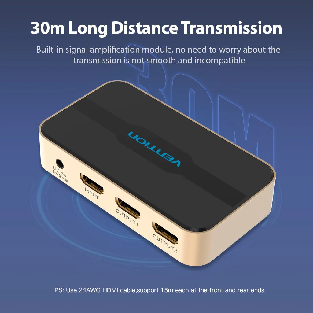 Vention 1 In 2 Out HDMI Splitter 4K@30Hz Gold Aluminum Alloy Type - Image 6