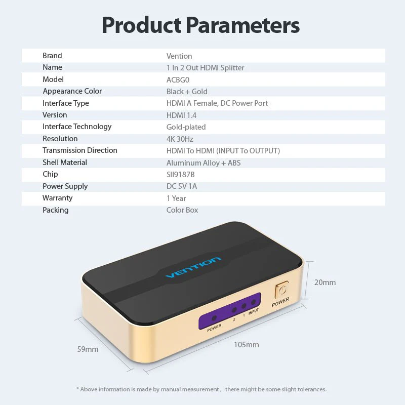 Vention 1 In 2 Out HDMI Splitter 4K@30Hz Gold Aluminum Alloy Type - Image 8