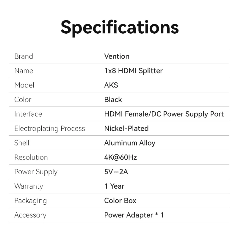 Vention 1-In & 8-Out HDMI™ Splitter 4K@60Hz Black Aluminum Alloy Type EU Standard - Image 16