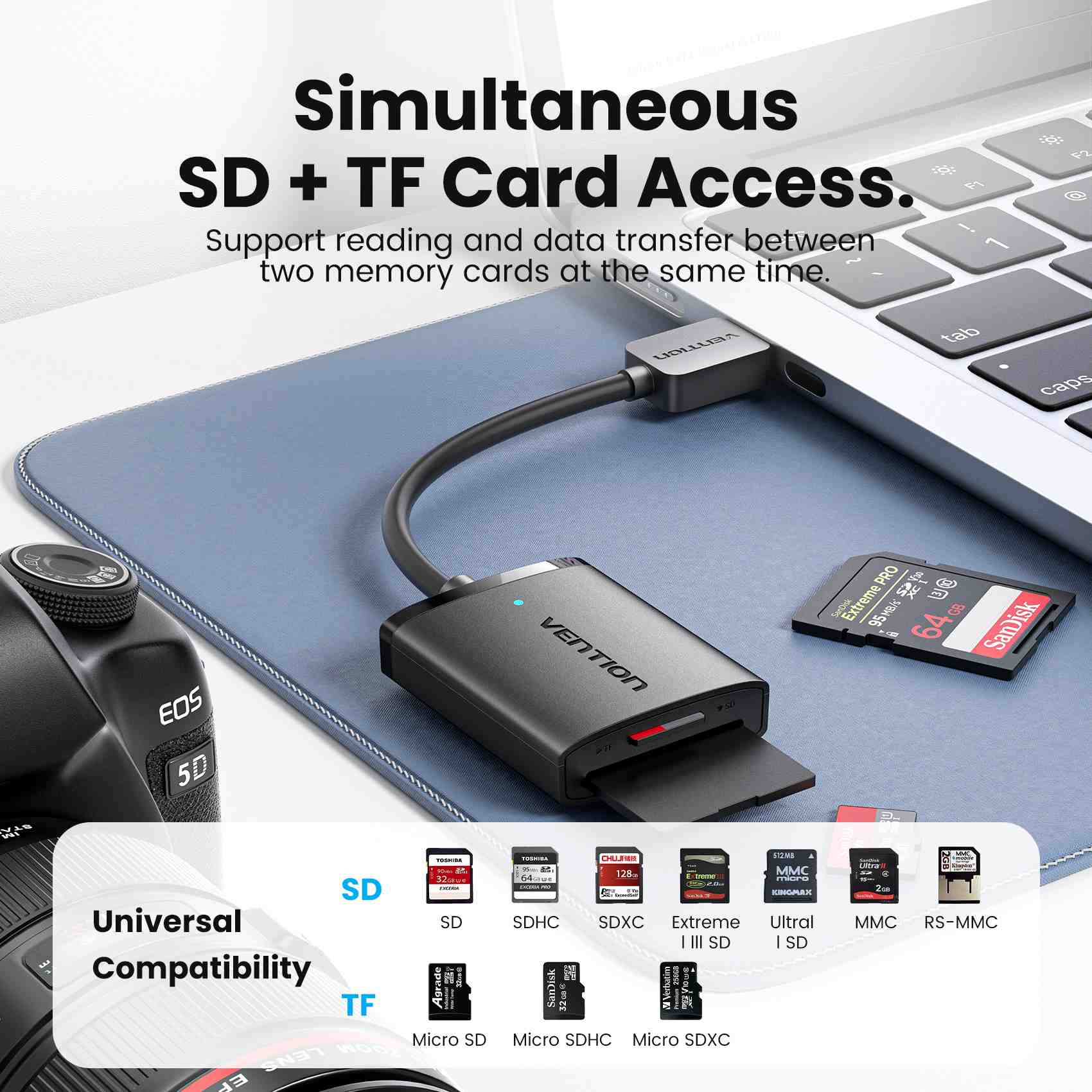 Vention 2-in-1 USB 3.0 A Card Reader (SD+TF) Black Dual Drive Letter - Image 4