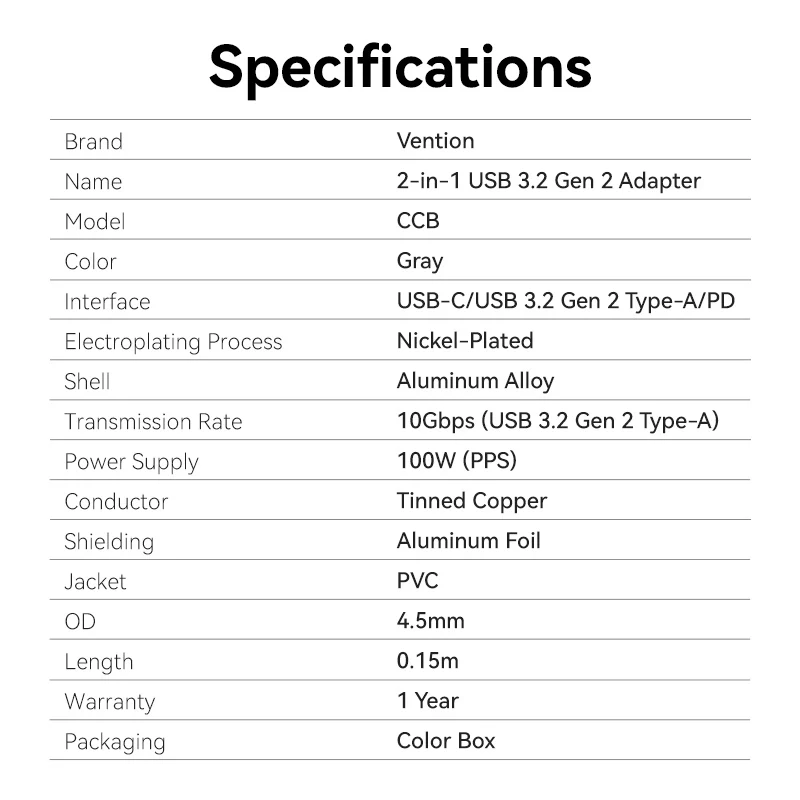 Vention USB-C Male to USB-A Female/PD Power Supply Adapter 0.15M Gray Aluminum Alloy Type - Image 11
