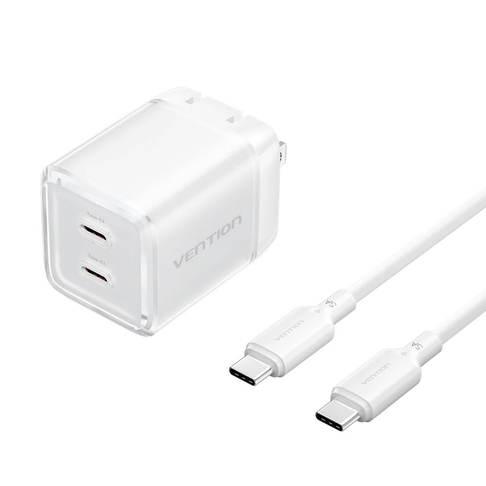 Vention 2-Port USB (C + C) GaN Charger (45W/45W) with 5A USB-C to USB-C Cable  US-Plug Gray - Image 2