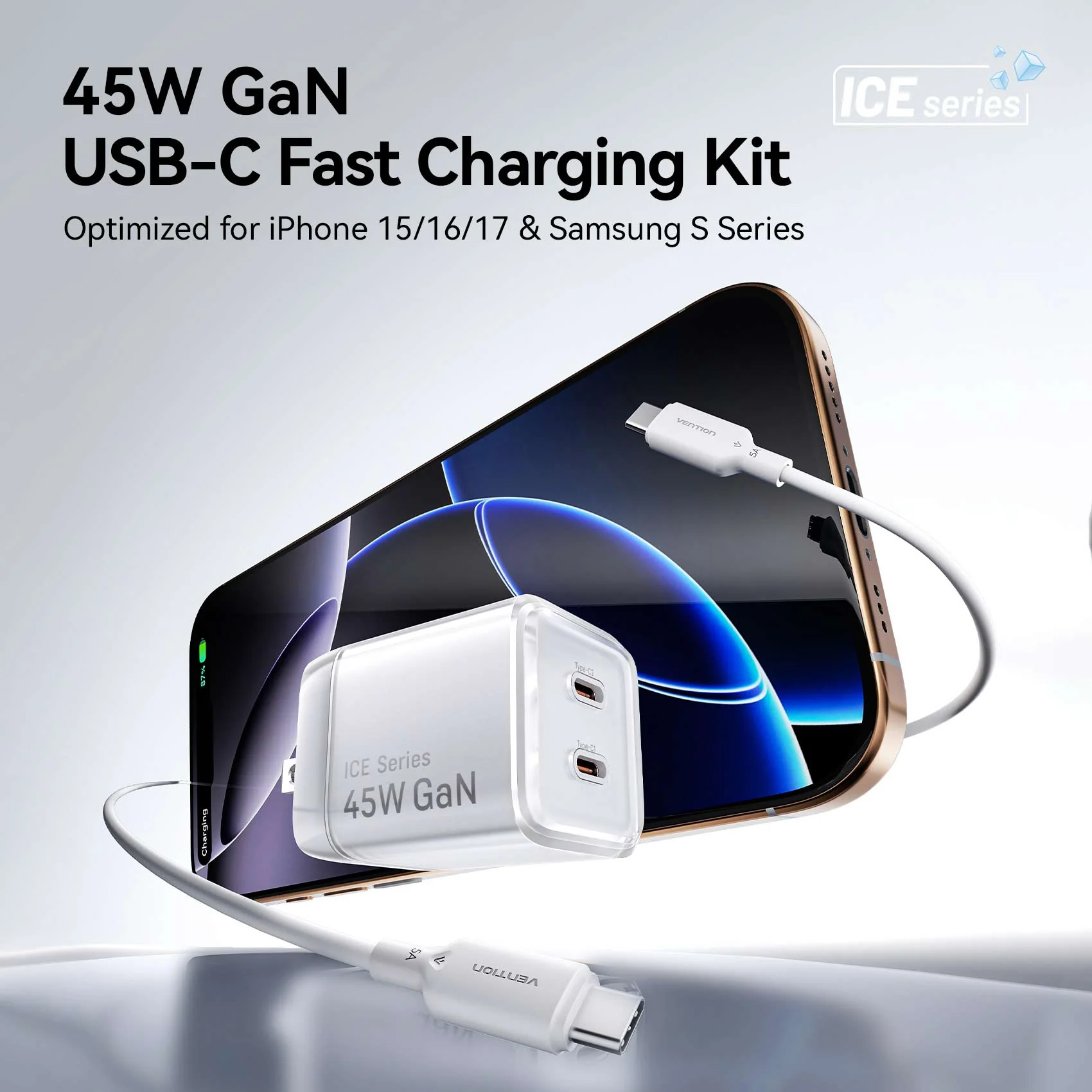 Vention 2-Port USB (C + C) GaN Charger (45W/45W) with 5A USB-C to USB-C Cable US-Plug Gray - Image 4