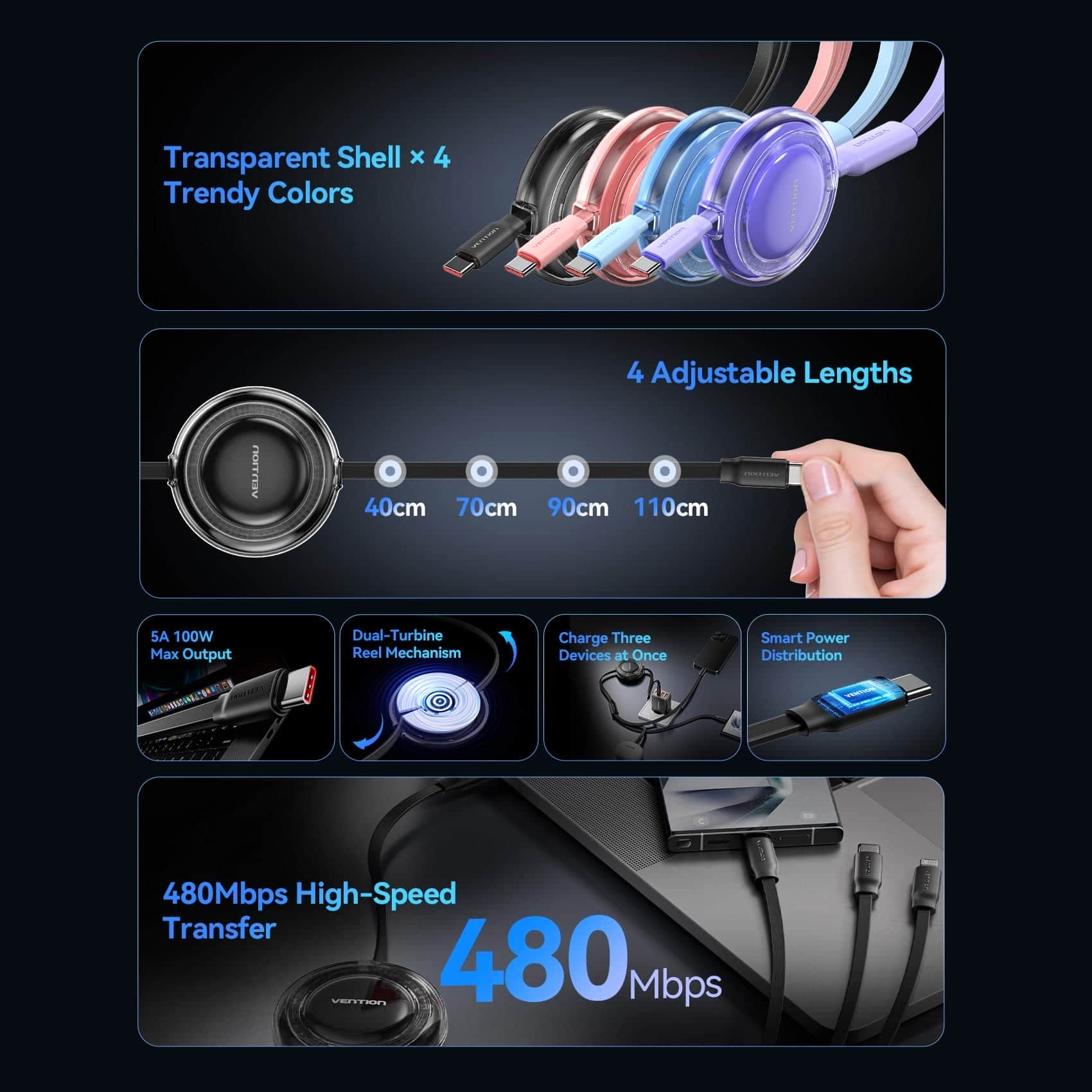 Vention 3-in-1 USB 2.0 Retractable Charging Cable - Image 6