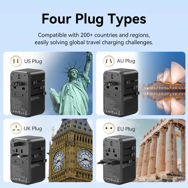 Vention 3-Port USB (C + A + A) GaN Universal Travel Adapter (65W/60W/5W) with Built-in USB-C Cable Black - Image 11