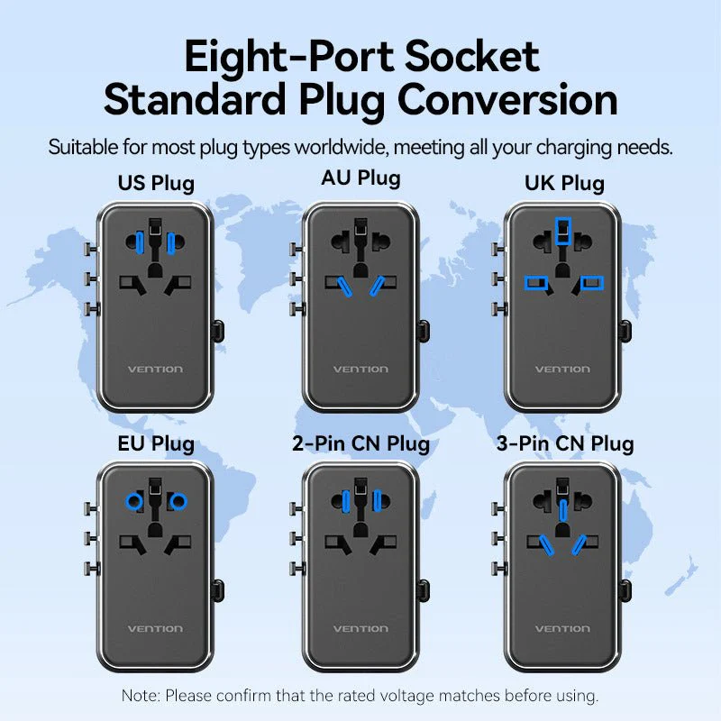 Vention 3-Port USB (C + A + A) GaN Universal Travel Adapter (65W/60W/5W) with Built-in USB-C Cable Black - Image 12