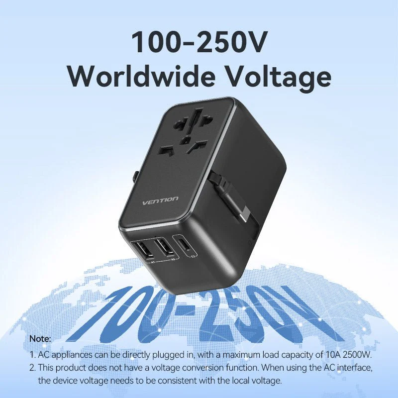 Vention 3-Port USB (C + A + A) GaN Universal Travel Adapter (65W/60W/5W) with Built-in USB-C Cable Black - Image 13