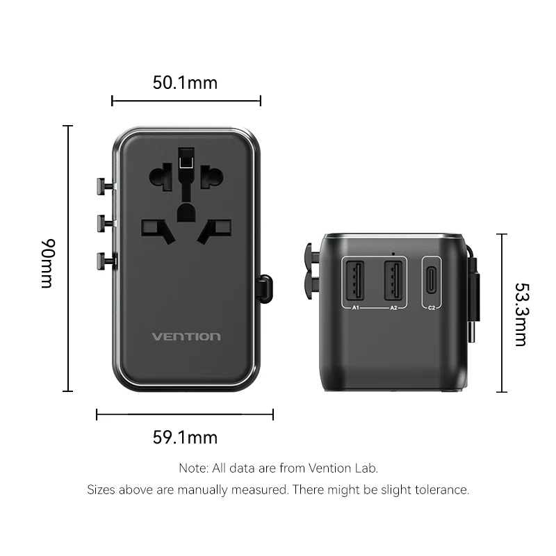 Vention 3-Port USB (C + A + A) GaN Universal Travel Adapter (65W/60W/5W) with Built-in USB-C Cable Black - Image 16