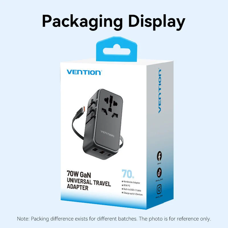 Vention 3-Port USB (C + A + A) GaN Universal Travel Adapter (65W/60W/5W) with Built-in USB-C Cable Black - Image 17