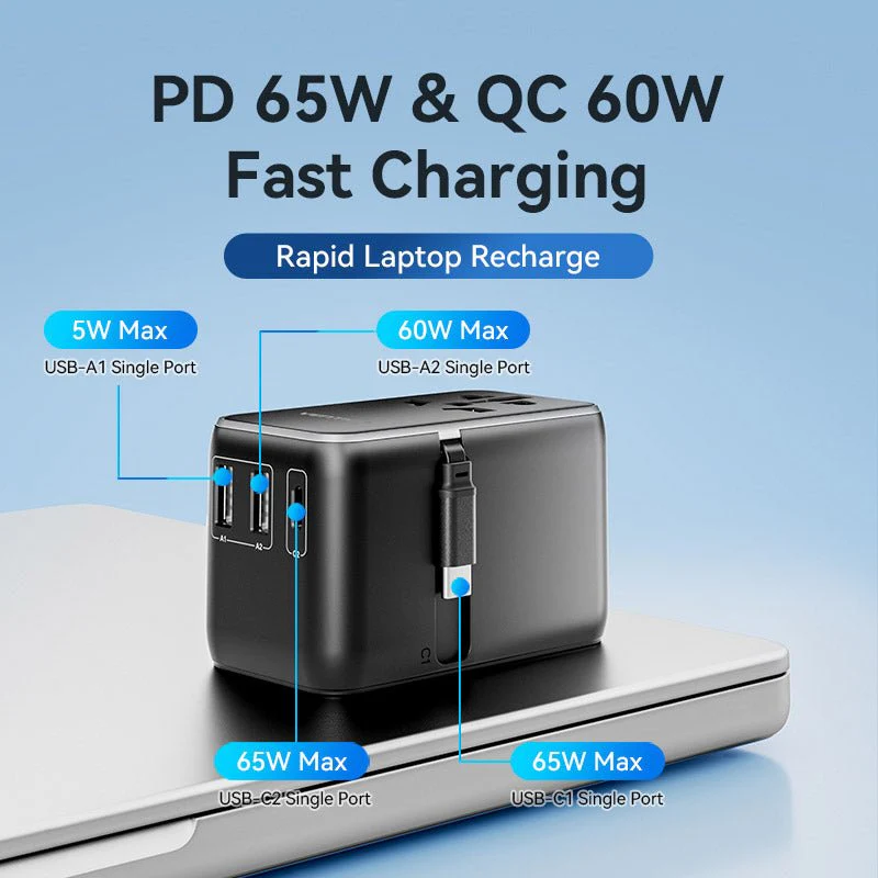 Vention 3-Port USB (C + A + A) GaN Universal Travel Adapter (65W/60W/5W) with Built-in USB-C Cable Black - Image 8
