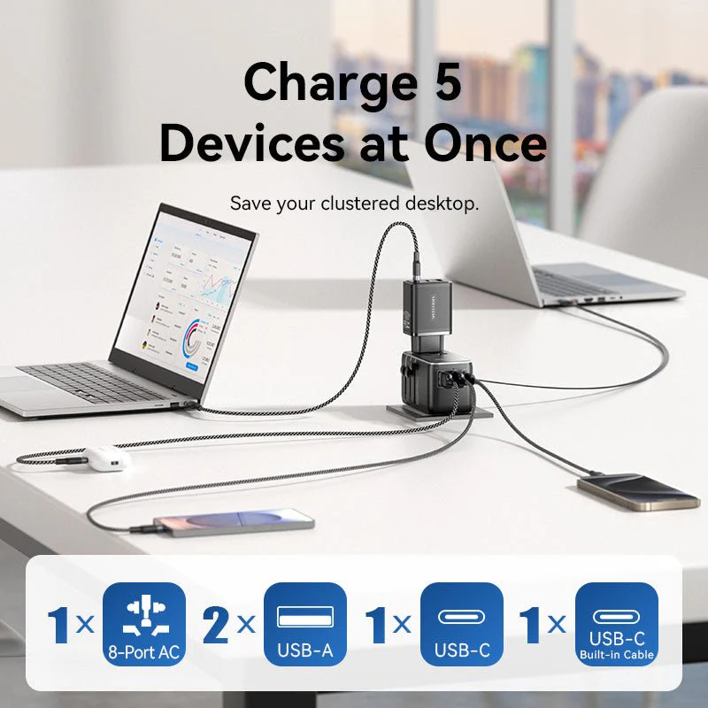Vention 3-Port USB (C + A + A) GaN Universal Travel Adapter (65W/60W/5W) with Built-in USB-C Cable Black - Image 9